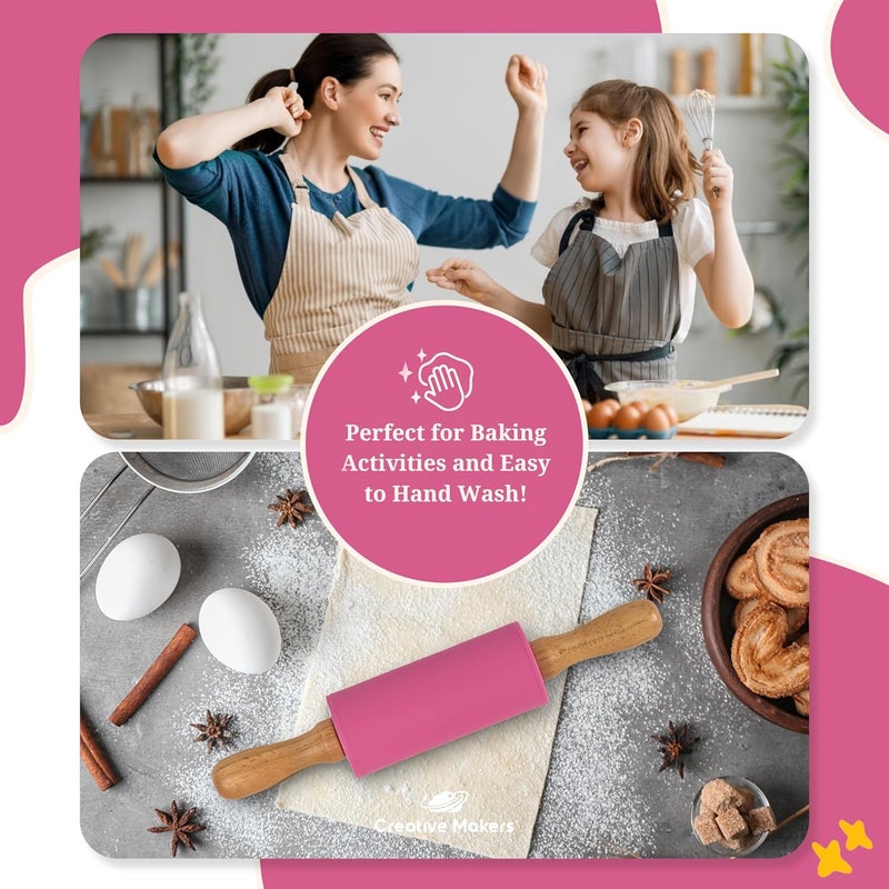 Creative Makers Small Rolling Pin for Kids, Non-Stick Silicone Surface with Wooden Handles for Play Dough and Baking Rolling Pin (Hot Pink) - Image 5